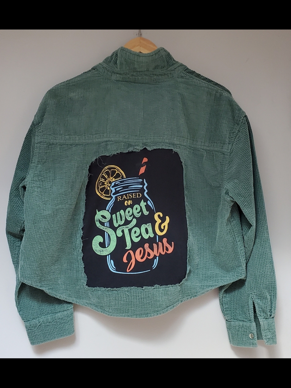 Upcycled Green Corduroy Jacket with "Sweet Tea & Jesus" Back Patch